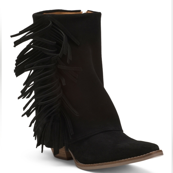 🔹️DINGO🔹️Black Made In Mexico Suede Fringe Marlie Snip Toe  Boots - Picture 1 of 3